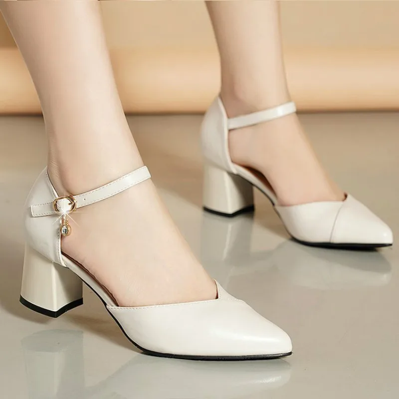 

Women's Fashion Square Heel Pointed Toe High Heels Shoes Sexy Elegant Big Buckle Strap Party Woman Shoes Shallow Wedding Pumps