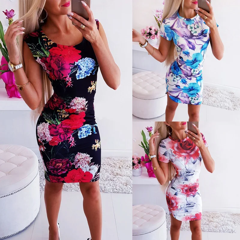 

Women Bodycon Dress Fashion O-Neck Sleeveless Flower Print Mini Dress Summer Slim Package Hips Tank Dress Elegant Ladies Dresses