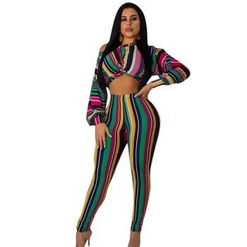 

Summer Autumn Women Two Piece Set Top and Pants Plus Size Tracksuit Sweatsuit Outfit Striped T Shirt and Long Trousers Sets