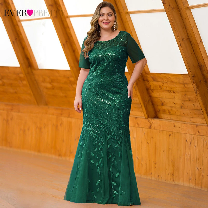US $41.23 Plus Size Sequined Evening Dresses Long Ever Pretty ONeck Half Sleeve Mermaid Abiye Sexy Elegant Party Dresses Robe De Soiree