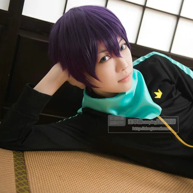 Anime Styled Black Purple Noragami yato short Synthetic Hair Cosplay Costume suit sports clothes set Wig + Wig Cap