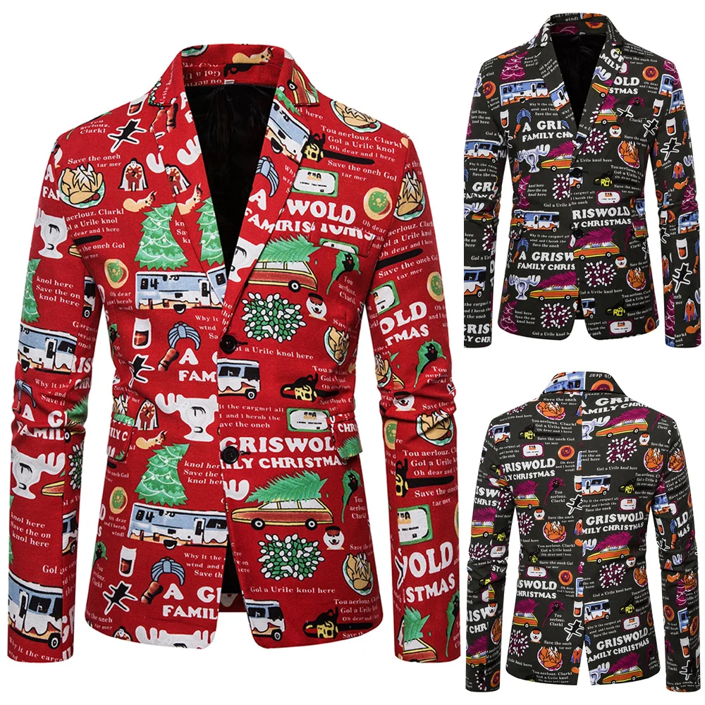 

Mens Blazer New Christmas Print Slimming Shape After The Slit Casual Blazer Men