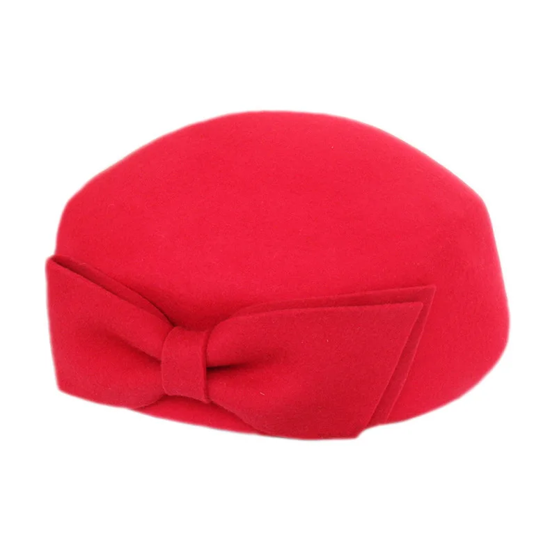 Женская Шерстяная кепка Fedoras, Женская шерстяная Кепка с бабочкой, осенне-зимний берет, Кепка-котелок, шляпа тыквы, купольная Кепка LM073 - Цвет: Красный
