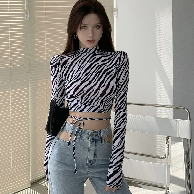 Women T-Shirts Sexy Leopard Zebra Printed Slim Backless Tops Long Sleeve Half-high Collar Short T-Shirt. 1