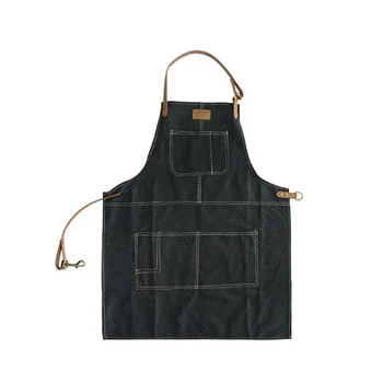 

Fashion Nordic Style Whole Cotton Unisex Leather Denim Apron Coffee Shops Work Cleaning Aprons For Woman Kitchen Baking Black