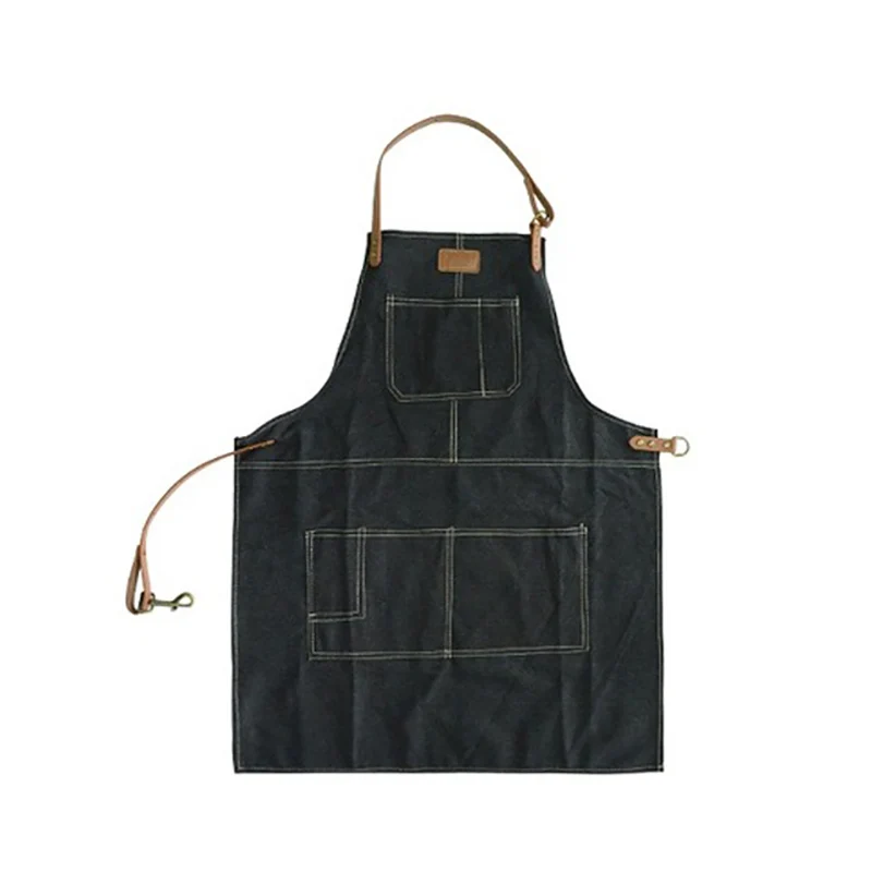 Fashion Nordic Style Whole Cotton Unisex Leather Denim Apron Coffee Shops Work Cleaning Aprons For Woman Kitchen Baking Black