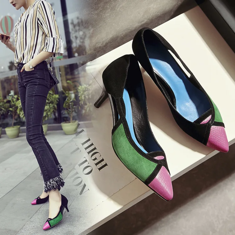 

2018 New Style Autumn And Winter Women's Pointed-Toe Thin Heeled Genuine Leather Sheepskin WOMEN'S High-heeled Shoes Mixed Color