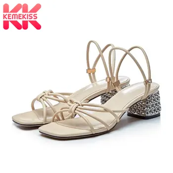 

KemeKiss Summer Women Sandals Shoes Fashion Real Genuine Leather Shoes Women Special Square Heels Slip On Footwear Size 34-39