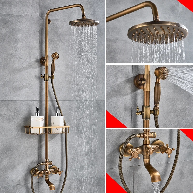 アンティーク真鍮シャワー蛇口セット8 ''降雨シャワーヘッド真鍮handshowerデュアルミキサータップハンドル回転お風呂シャワーの蛇口  AliExpress