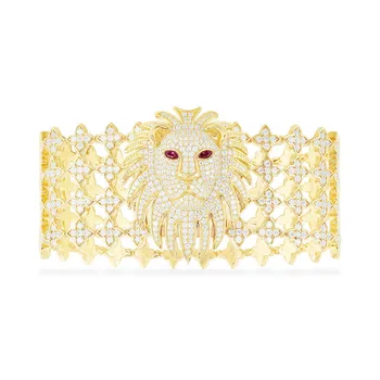 

Luxury Brand Original 925 Sterling Silver Yellow Gold Color Red Eyes Lion Wide Bracelet Women High Quality Zircon Banlge Jewelry