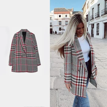 

2020 Fashion ZA Plaid Blazer Double Breasted Women Small Suit Elegant Office Lady Coat Charm Jacket Casual Party Ins Style New