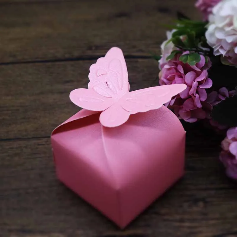 pink color Новинка,, Свадебная подарочная коробка для конфет, 10 шт, 7 цветов, коробка для конфет в форме бабочки, маленький размер, 6x6x4 см, милая коробка - Цвет: pink color
