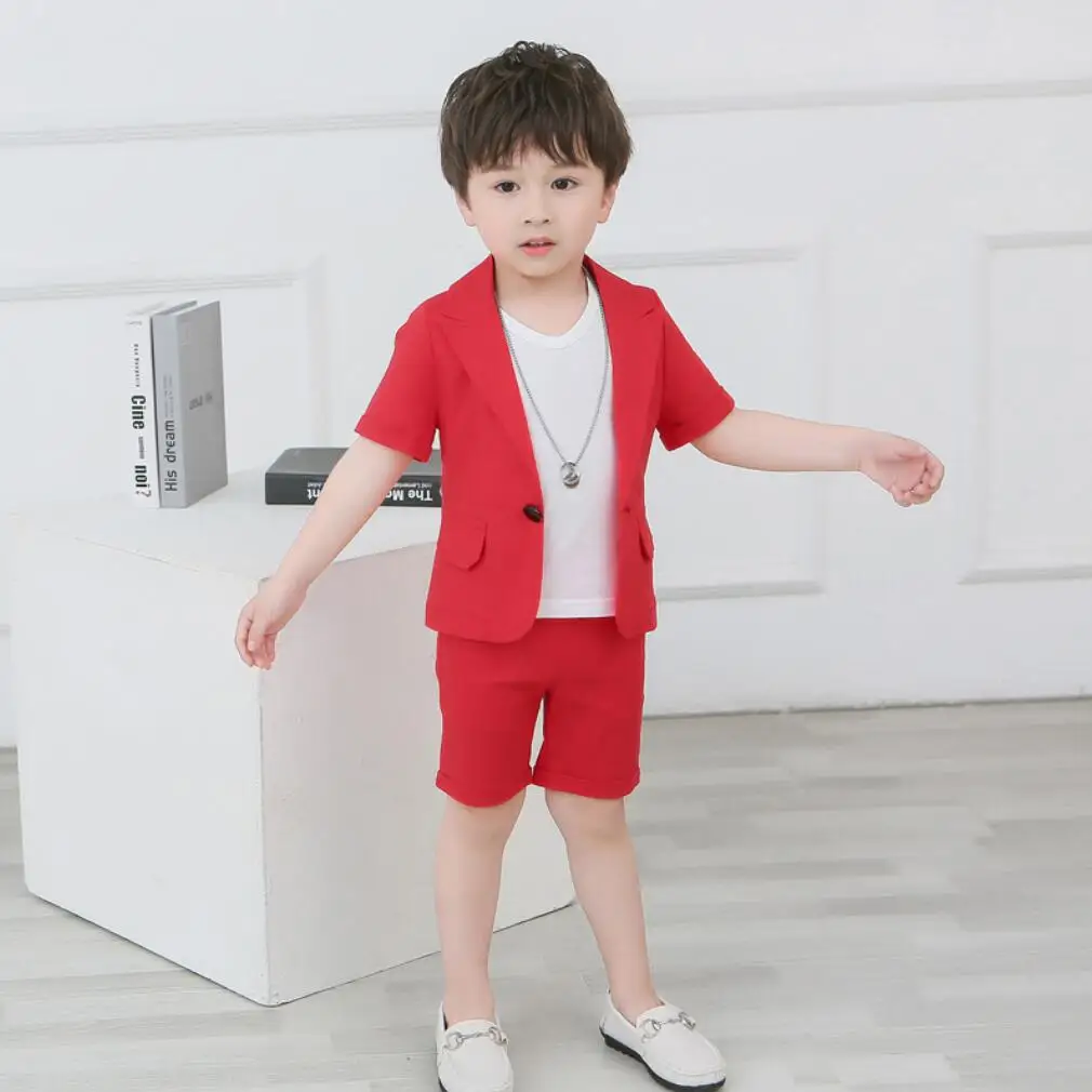 Boys Suit Set Boys Blazers Sets Wedding Or Birthday Party Summer Business Suit Shorts Jacket Sleevele T Shirt Kids Boy Clothing 3Pcs Outfit