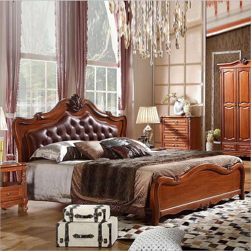 

modern european solid wood Walnut bed 2 people Fashion Carved genuine leather french bedroom furniture 10315