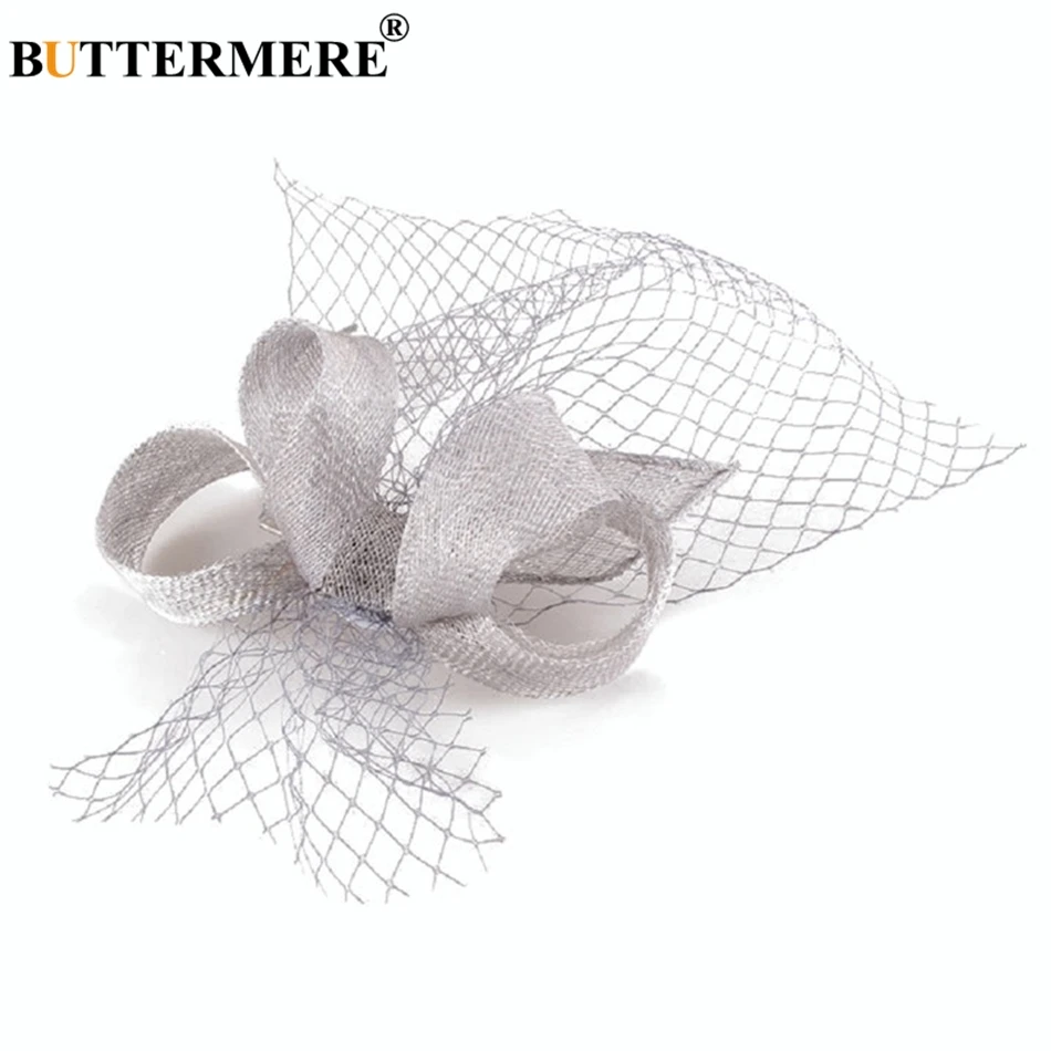 

BUTTERMERE Mesh Hat Cap Women Linen Bowknot Grey Fedora Hat Ladies Elegant Bride Wedding Party Female British Style Pillbox Hats