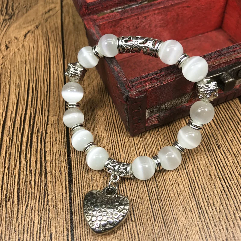 

10mm Obsidian Tiger Cat Eye Natural Stone Slimming Products Bracelet with Heart Pendant Charms Strand Bracelet for Women Men