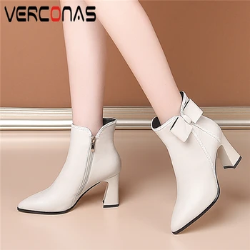 

VERCONAS Concise Woman Ankle Boots 2020 Autumn Winter New Butterfly-Knot Pointed Toe Shoes Woman Office High Heels Zip Boots