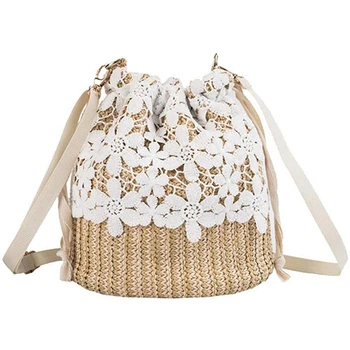 

Fashion Lace Edge Shoulder Bag Casual Handbag Women's Straw Bucket Bag
