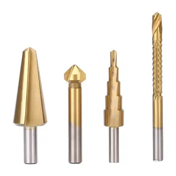 

4Pcs HSS Titanium Coated Drill Bit Set Hole Cutter Kit,Step drill bit Saw Twist Drill Bit Umbrella Chamfer Drill Bit Chamfering