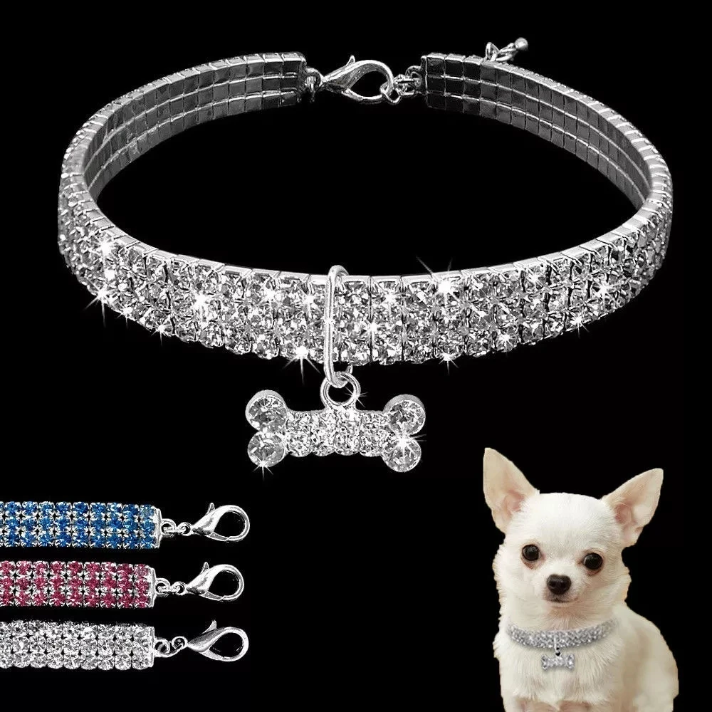

Cute Bling Rhinestone Dog Collar Crystal Puppy Collars for Dogs Chihuahua Elastic Necklace with Bone Pendant Pet Supplies Perro
