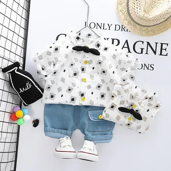 

Summer Baby Boys Short Sleeve Bowtie Shirts Tops + Denim Jeans Shorts Kids Party 2Pcs Suits Infant Children Clothing Sets