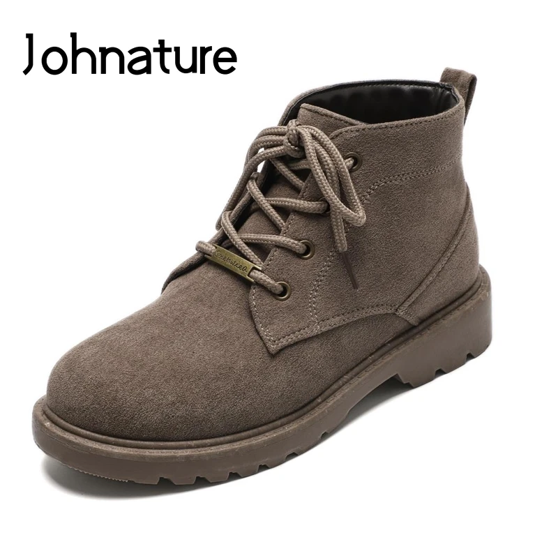 

Johnature 2019 New Autumn Winter Retro Platform Boots Women Shoes Lace-up Round Toe Sewing Solid Color Leisure Ankle Boots