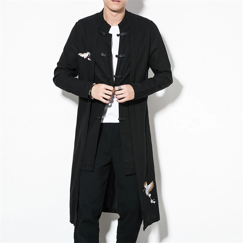 Tanie Bluzki w stylu chińskim 2020 aktualności płaszcz lniany haftowany żuraw Casual długa suknia noworoczne ubrania tradycyjna chińska odzież dla mężczyzn