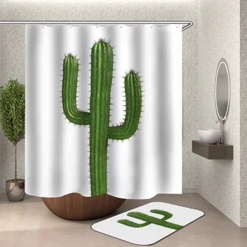 

Shower Curtain, Bathroom Curtains-Green Plant,Plants, Singel,High Cactus,Hand Draw,White Cloth