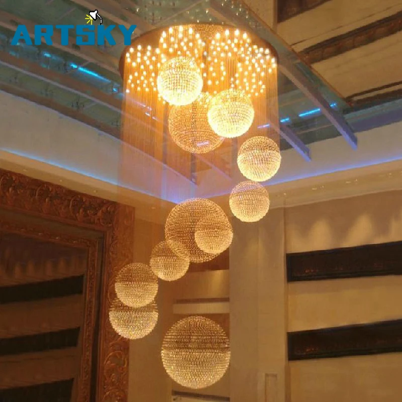 

Modern Spherical Long Hanging Line Elegant Crystal Chandelier 110v-240v Suitable for Stairs Hotel Decoration