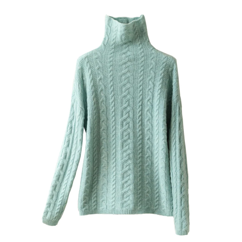

Women's Wool Knit Bottom Sweater, Loose Pullover Tops, Solid Turtleneck, Autumn and Winter OL