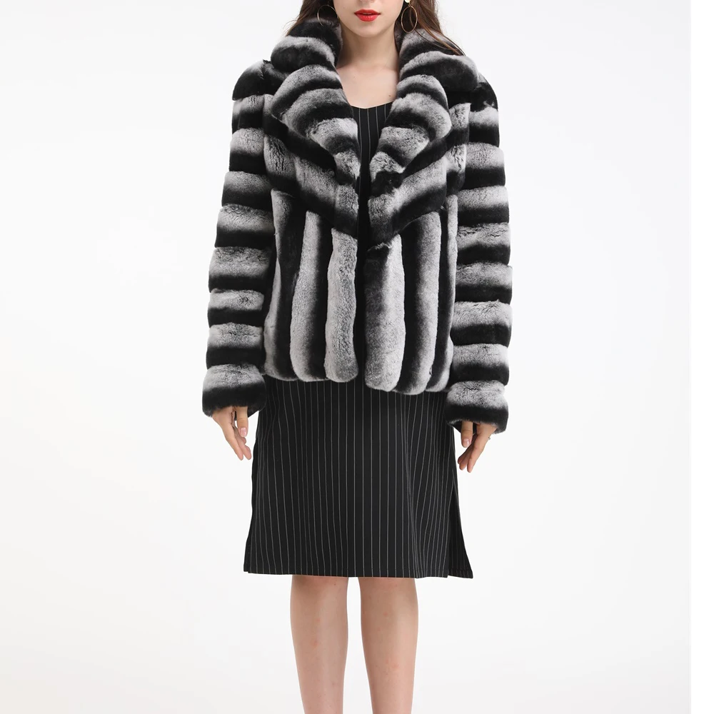 

women real rex rabbit fur coat Chinchilla color striped plus size warm winter furry fluffy 2019 fashion