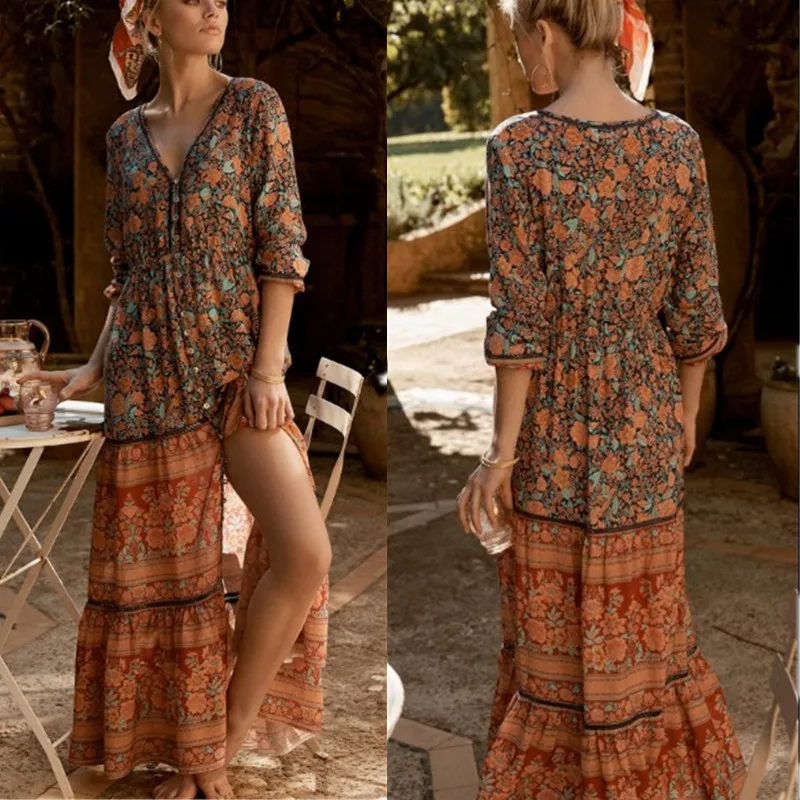 

Western Style Early Spring 19 New Style V-neck Positioning Printed Front Buckle Hollow out Waist Elastic Holiday Long Skirts Wom