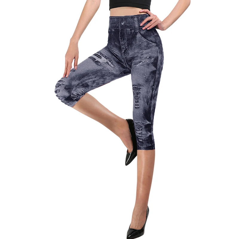gray-2 Sfit женские леггинсы для спортзала, искусственная лосины из джинсовой ткани, леггинсы с карманами и принтом, повседневные узкие брюки с высокой талией, большие размеры, штаны для йоги - Цвет: gray-2