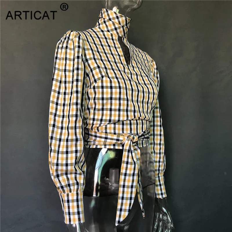 Articat Сексуальная Открытая водолазка с принтом в клетку женские рубашки с длинным рукавом Элегантная женская блузка со шнуровкой Женская модная летняя уличная одежда