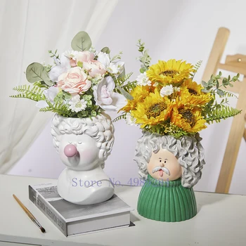 

CREATIVITY RESIN VASE BUBBLE GUM CHARACTER SCULPTURE CARTOON DAVID VAN GOGH EINSTEIN MODERN HOME DECORATION FLOWER VASES