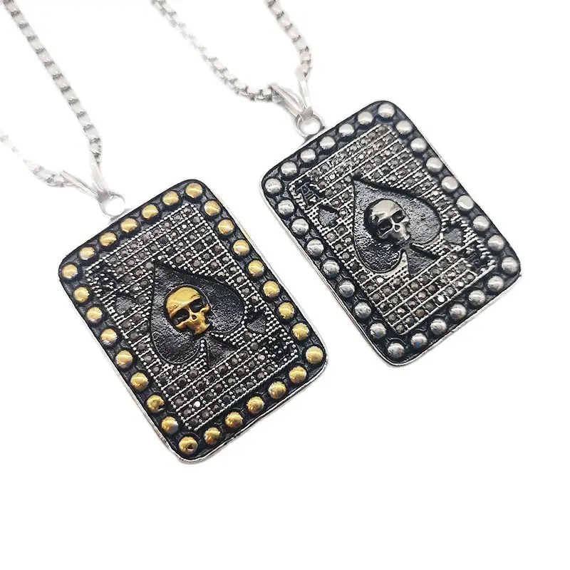 

Full Rhinestones Crystals Spade Ace Poker Necklace Pendant 316L Stainless Steel Spade Ace Skull Poker Necklace Fashion Jewelry