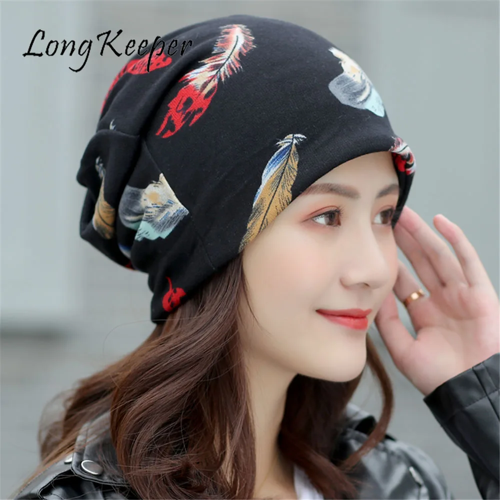 

Longkeeper Fashion Women Floral Turban Keep Warm Print Cotton Hat Causal Beanies Scarf Spring Autumn Female Hats Headwear
