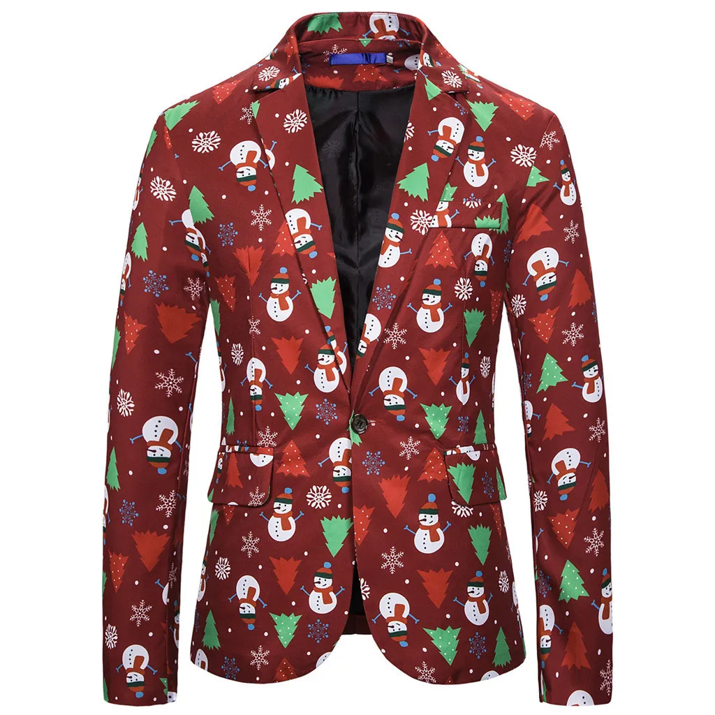 Мужской Блейзер, Мужской приталенный Рождественский блейзер из полиэстера, пиджак с отложным воротником, однобортный пиджак со снеговиком, masculinoL5010926 - Цвет: RD