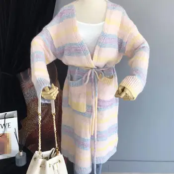 

Vintage Rainbow Stripe Cardigan Sweaters Women Pockets Sweater Coat Lace Up Long Knitted Sweater