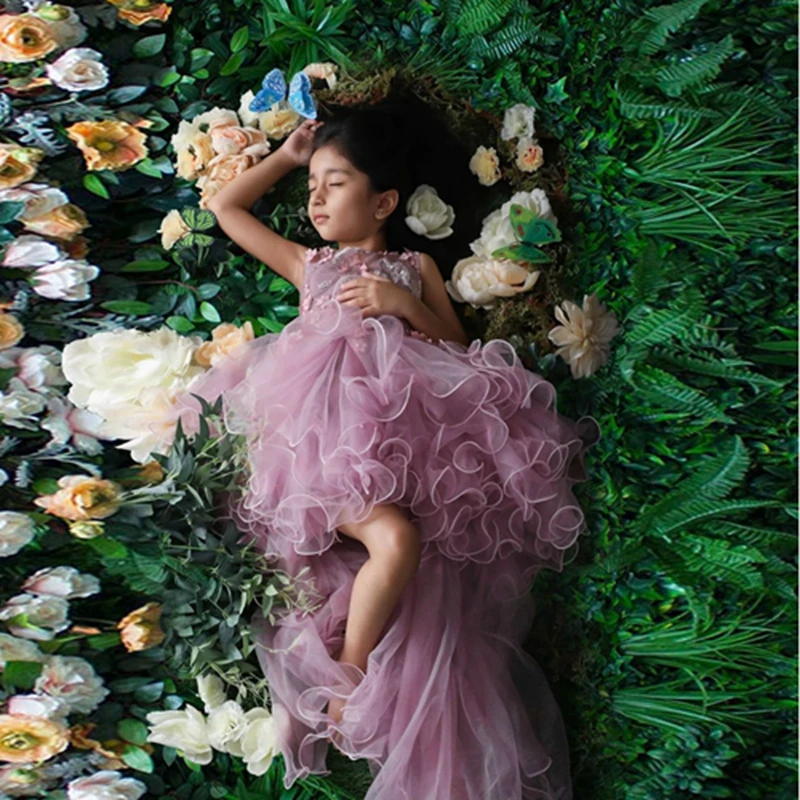 

Милое Тюлевое платье с цветочным рисунком и высоким и низким оборками, красивые платья для девочек с 3D цветочной аппликацией, пышные платья без рукавов, детское платье для свадьбы и вечеринки