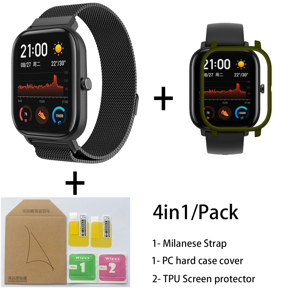 Black-Army Gree 4в1 для Xiaomi Huami Amazfit GTS Ремешок Браслет из Миланского нержавеющей стали Smartwatch Браслет amazfit gts защитный чехол для экрана - Цвет: Black-Army Gree