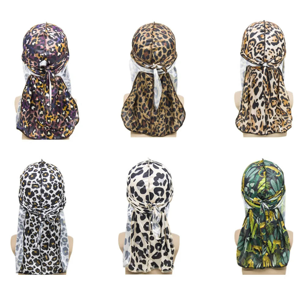 

6 Colors Hiphop Rapper Outside Men Prin leopard Silky Durags Bandana Turban Wigs Women Headwear Headband Long Hair Accessories