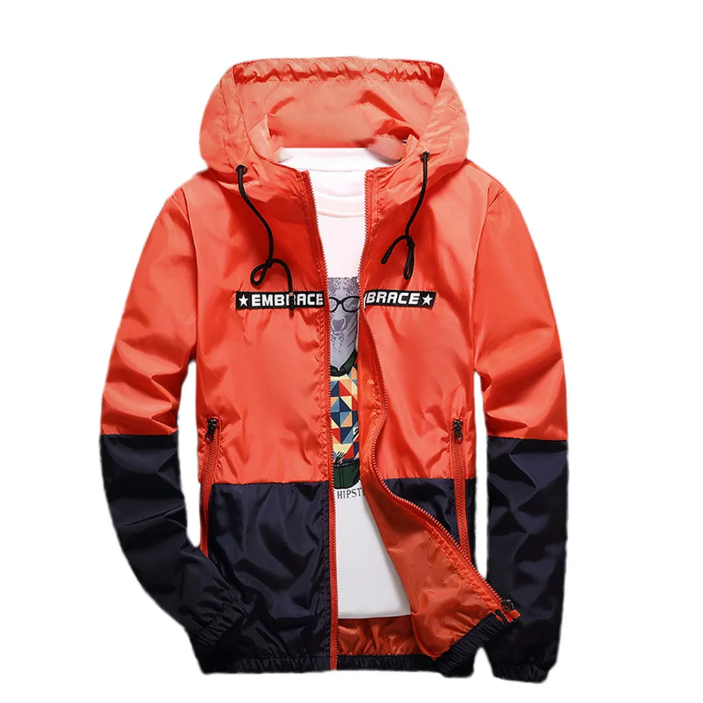 Весенне-осенняя куртка-бомбер с капюшоном, мужская повседневная тонкая Лоскутная мужская куртка-ветровка, верхняя одежда на молнии, тонкое пальто, брендовая одежда - Цвет: Оранжевый
