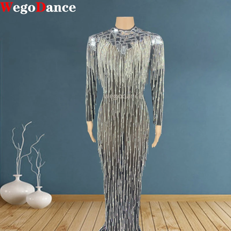 

Silver Rhinestones Fringes Dress Lady Prom Evening Outfit Bar Singer Mesh Shining Birthday Tassels