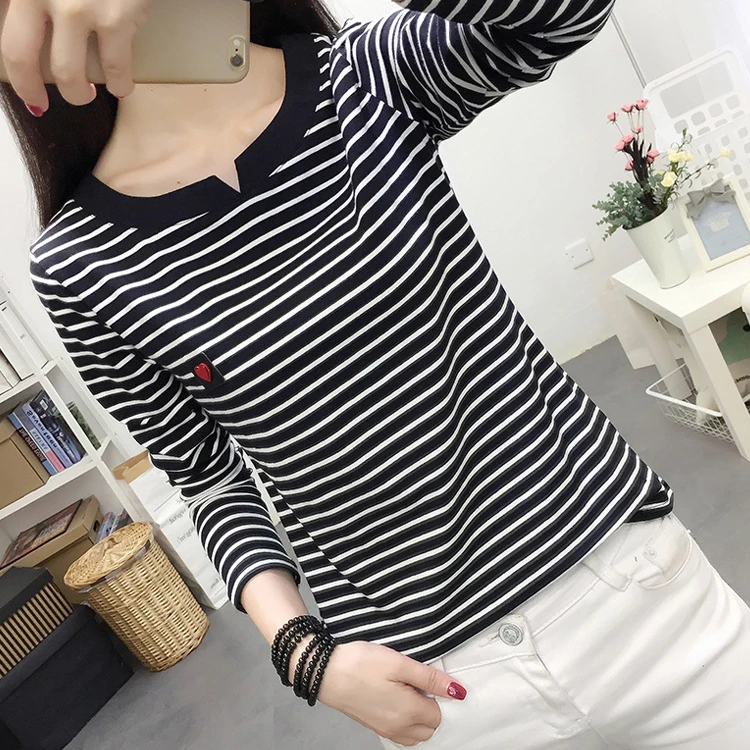 2022 Women Striped T Shirts Long Sleeve 95% Cotton Tops Casual Women Autumn T Shirts Tops Women TopsPull Femme524_voghion.com