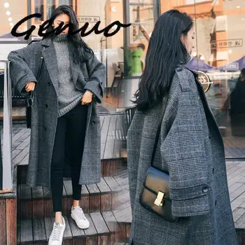 

Women Elegant Winter Jacket Wool Plaid Vintage Oversize Overcoat Long Bandage Woolen Coat Cardigan Plus Size Manteau Femme Hiver