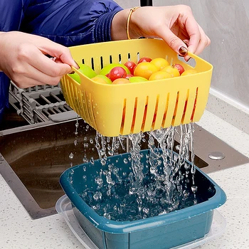 

Double Layer Drain Basket Household Kitchen Refrigerator Fresh Keeping Box Vegetable Fruit Washing Basin Storage Basket