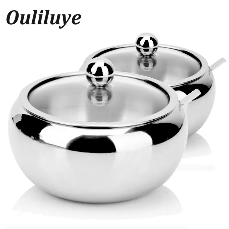 Comprar Tazón de azúcar de acero inoxidable salero olla de condimento salsa Cruet condimento tarro recipiente aceitera con tapa y cuchara recipiente de especias