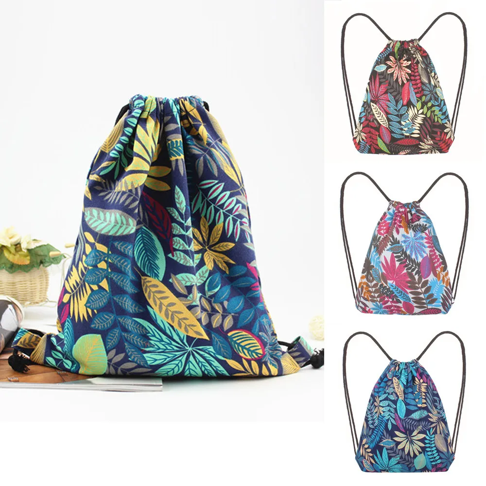 Fashion Women Drawstring backpack Storage Bag Leaf Printing High Capacity Bucket sports bag pocket pouch Shoulder Bag Canvas new