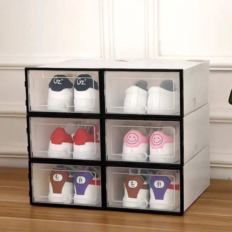 6Pcs Plastic Shoe Box Stackable Foldable Shoe Organizer Drawer Storage Case with Flipping Clear Door Ladies Men 31.5x21.5x12.5cm